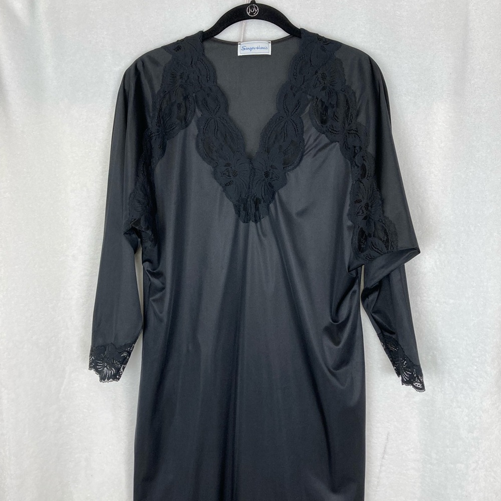 VTG Sanger Harris Black Satin & Lace Negligee Maxi Length High Slits sz Small